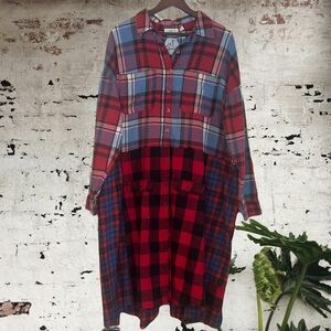Upcycled modish rebel patched plaid duster shirt